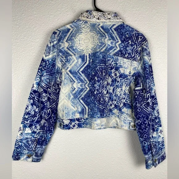 Chico's beaded artisan mixed-print cropped denim jacket blue & white Sz 2 (L/12) - Picture 6 of 15